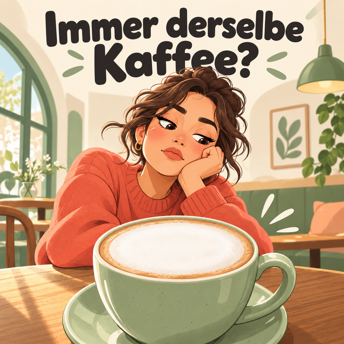Illustration: eine gelangweilte Frau vor einem Cappuccino ohne Dekoration. Immer derselbe Kaffee?