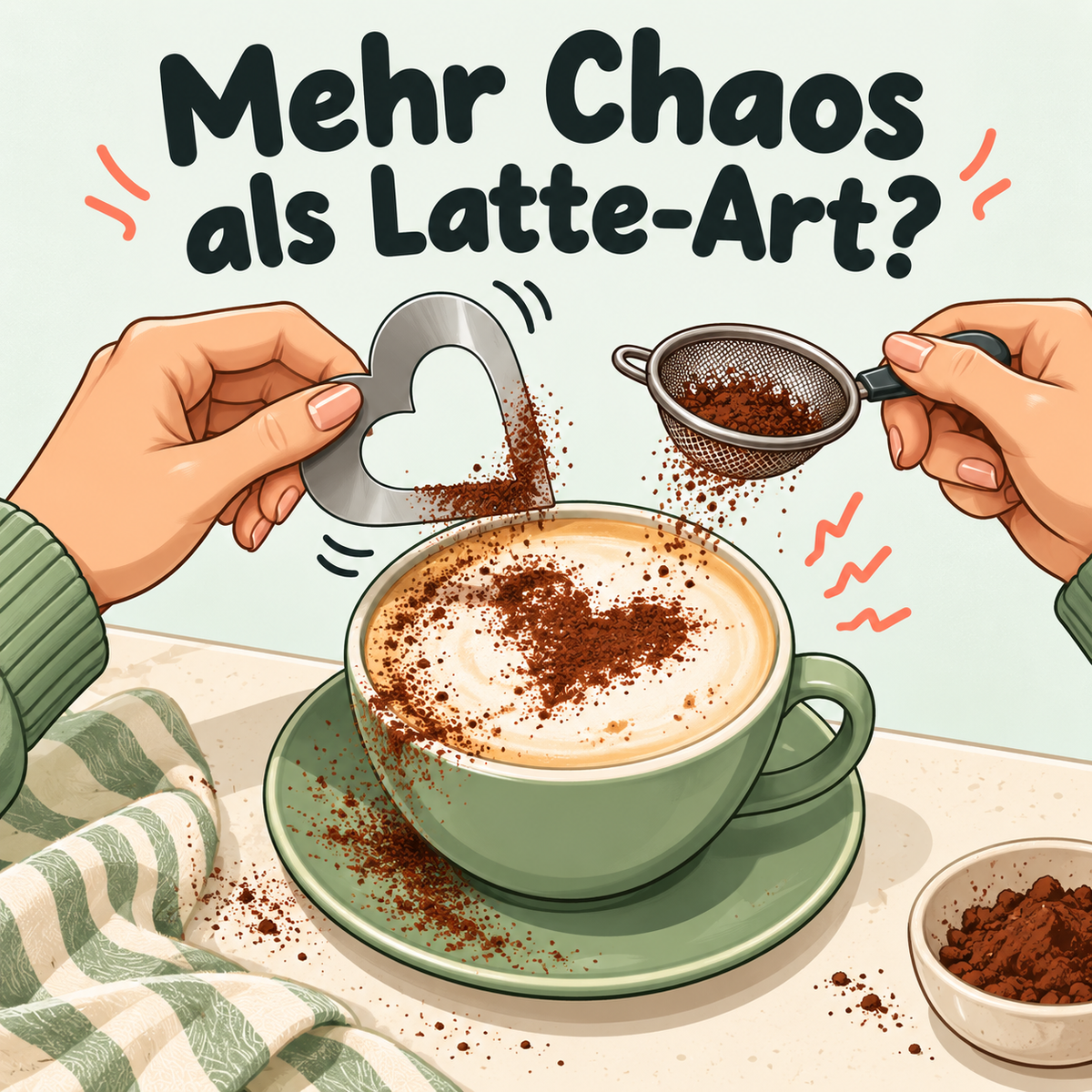 Illustration: ein misslungener Dekorationsversuch mit losem Sieb und Schablone. Mehr Chaos als Latte-Art?