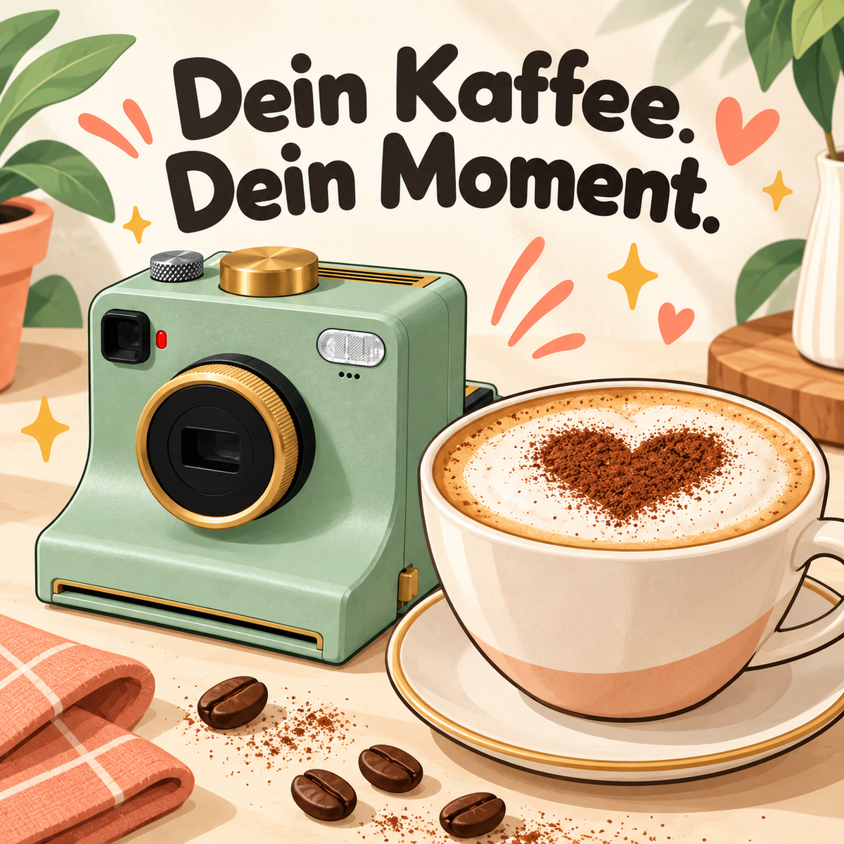 Illustration: die grüne Milchmoment Kamera neben einem Cappuccino mit Kakaoherz. Dein Kaffee. Dein Moment.